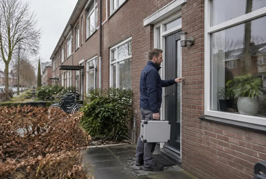 Lekdetectiespecialist met meetkoffer bij de voordeur van een woning in Doornspijk